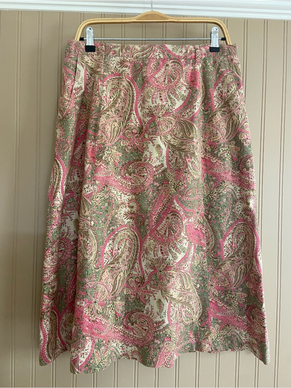 Vintage Tabi Linen Cotton Paisley Print Pink & Sage Green Midi Skirt Women’s  14